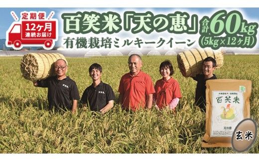 【 12ヵ月 定期便 】 【 玄米 】百笑米 「 天の恵 」 有機栽培 ミルキークイーン 5kg×12ヵ月 R7年産 米 コメ 茨城県 単一米 新生活 応援 [AC026ci]