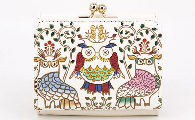 【文庫屋大関】三つ折りミニ財布　ふくろう【皮革工芸品】 ファッション 小物 民芸品 お札 カード 小銭 手のひらサイズ コンパクト 福来朗 福老 商売繁盛 牛革 手作り 国産 