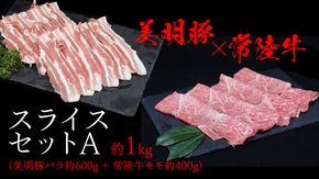 美明豚 × 常陸牛 スライスセットA 約1kg（ 美明豚バラ600g + 常陸牛 もも400g ）（茨城県共通返礼品：行方市） びめいとん ビメイトン ブランド豚 銘柄豚 豚 豚肉 肉 バラ 黒毛和牛 牛肉 ひたち牛 ブランド牛 和牛 [EQ014us]