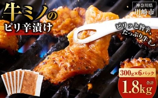 牛ミノ ピリ辛漬け 1.8kg ( 300g × 6 ) ビールに合う お酒のお供 焼肉 おすすめ 小分け 使いやすい 焼くだけ 焼き肉 バーベキュー 味噌たれ漬け 冷凍 配送時期が選べる 個包装 冷凍保存 アウトドア キャンプ BBQ おすすめ 人気