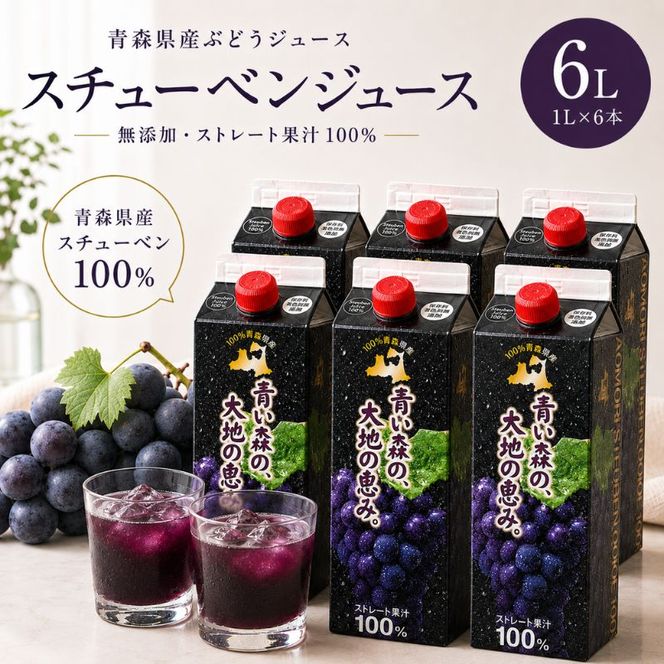 ぶどうジュース 紙パック 1L × 6本入り 無添加 ストレート果汁 100% 【 スチューベンジュース 葡萄 青森県産 産地直送 1000ml 6本セット 】