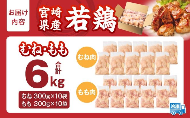 宮崎県産 若鶏切身 むね肉&もも肉 6kg（各300g×10袋）_b0796_it_x2