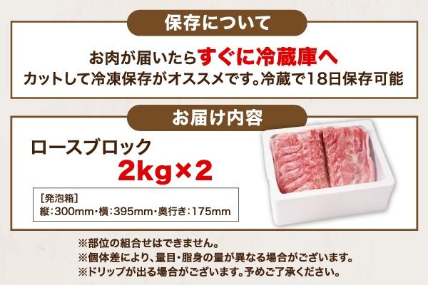 山形県庄内SPF豚 最上川ポークロースブロック 4kg（2kg×2）国産 豚肉 冷蔵便
