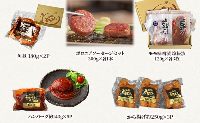 【5ヵ月定期便】全5回 和豚もちぶた 惣菜5種 角煮 ボロニアソーセージ 2種 味噌塩糀漬け ハンバーグ から揚げ 夕飯 時短 小分け 簡単 レンチン  レトルト 和豚 豚肉 ポーク 肉 豚 アウトドア お弁当 もちぶた館 大河原町