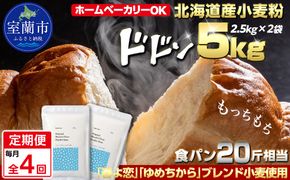 【毎月定期便】北海道産 「春よ恋」「ゆめちから」ブレンド小麦粉 パウダースノー（パン用強力粉）5kg 全4回 MROBI044