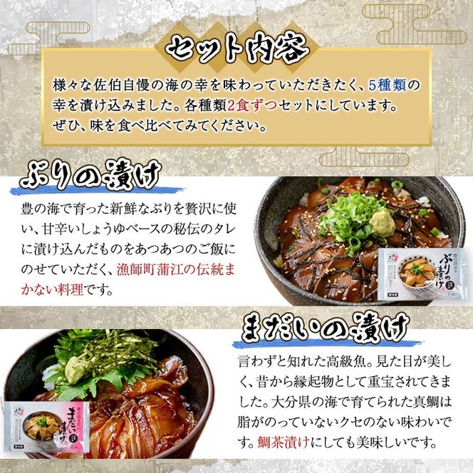 漬け丼 5種セット (計10食分・2食入×5種) りゅうきゅう あつめし 魚介 鰤 ブリ 真鯛 タイ シマアジ アジ ヒラメ 鮃 アオリイカ イカ 冷凍 海鮮 海の直売所 大分県 佐伯市【AS147】【海べ (株)】