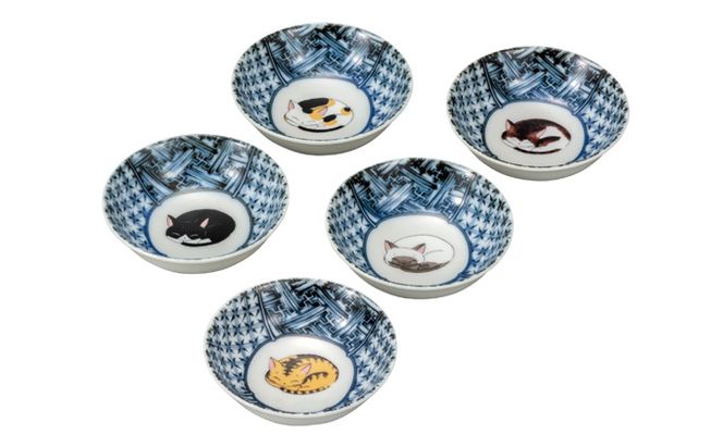 九谷焼　3号小鉢揃　眠り猫 （5枚セット）a01 食器 キッチン雑貨 キッチンアイテム 雑貨 小物 お皿 小皿 食卓 テーブルコーディネート 