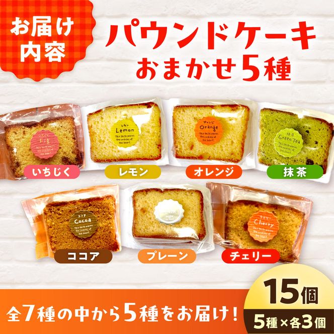 焼き菓子パウンドケーキ おまかせ 5種類×3個セット 15個入り〈プレーン ココア いちじく 抹茶 レモン オレンジ チェリー〉/ スイーツ 洋菓子 お菓子 おかし 個包装 常温配送【土佐共同産業株式会社】 [BQCC009]