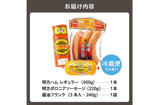 明方ハムAセット（明方ハム レギュラー 1本・明方ボロニアソーセージ 1本・醤油フランク 3本入×1袋）【0059-001】