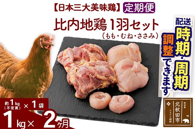 《定期便2ヶ月》 比内地鶏 1羽セット（もも・むね・ささみ） 約1kg（約1kg（不定貫）×1袋）×2回 計2kg  時期選べる お届け周期調整可能 2か月 2ヵ月 2カ月 2ケ月 2キロ 国産 冷凍 正肉 鶏肉 鳥肉|jaat-021102