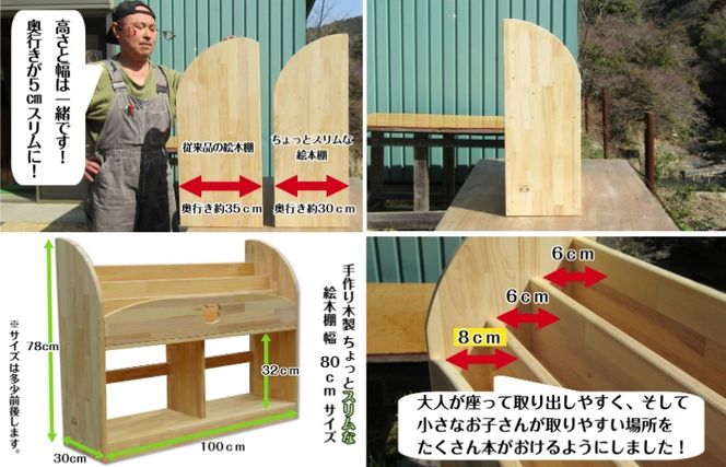099H3547 手作り木製 ちょっとスリムな絵本棚 幅100cm