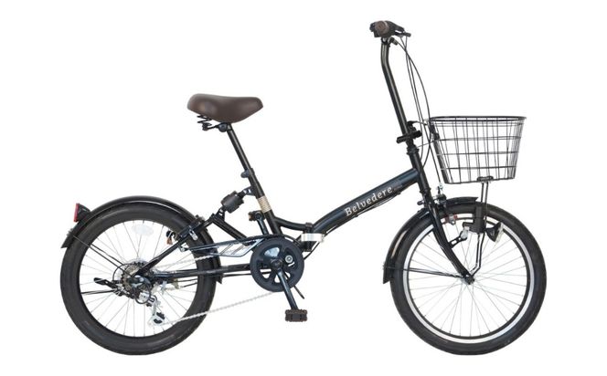 ノーパンク 折りたたみ自転車 ベルヴェデール Belvedere ブラック 20インチ 6段変速 リアサス・前カゴ・LEDライト付｜武田産業 フォールディングバイク 人気返礼品 空気入れ不要 パンクしない 通勤 通学 三重県 四日市市 ふるさと納税