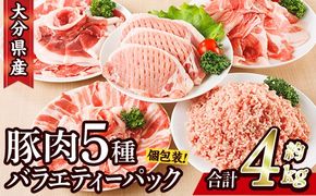 ＜1回配送＞ 豚肉 バラエティーパック (合計4kg) 豚バラ しゃぶしゃぶ 鍋 とんかつ ロース 小分け 個包装 豚こま 小間切れ スライス ミンチ 5種 セット 詰め合わせ 冷凍 食べ比べ 国産 大分県 佐伯市【BD325】【西日本畜産】