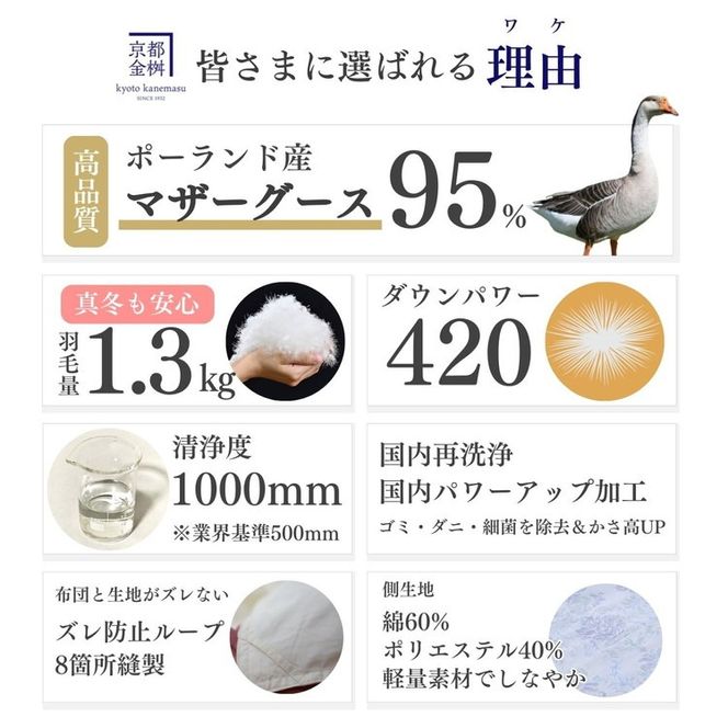 ＜京都金桝＞特殊2層キルト 羽毛布団 ロワーレ(ポーランド産マザーホワイトグースダウン95％・たっぷり1300gふっくら仕上げ）カラー：ブルー ≪国内再洗浄 DP420≫