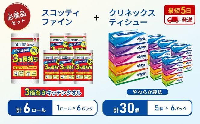 ティッシュ クリネックス 5箱入 × 6パック キッチンペーパー 6パック入 キッチンタオル スコッティ ファイン 1 ロール 3倍 150カット