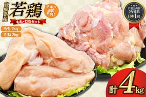 鶏肉 もも肉 2kg むね肉 2kg セット 計 4kg 未カット 宮崎県産 冷凍 [アイフーズ 宮崎県 日向市 452061699] とり肉 鳥肉 モモ肉 もも肉 むね肉 ムネ肉 胸肉 小分け 若鶏 宮崎