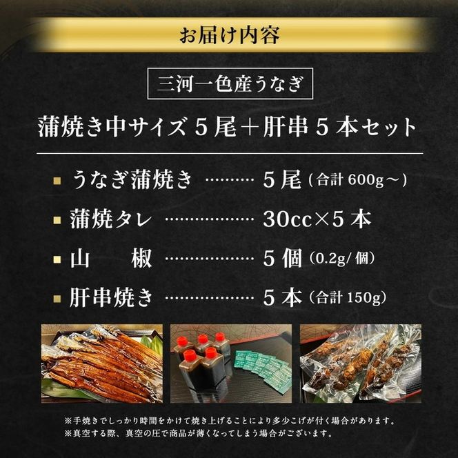三河一色産 うなぎ蒲焼き 中5尾 ＋ 肝串焼き 5本 蒲焼タレ 肝串焼き 鰻 お魚 湯煎 惣菜 セット 簡単調理 冷凍 幸田町 送料無料