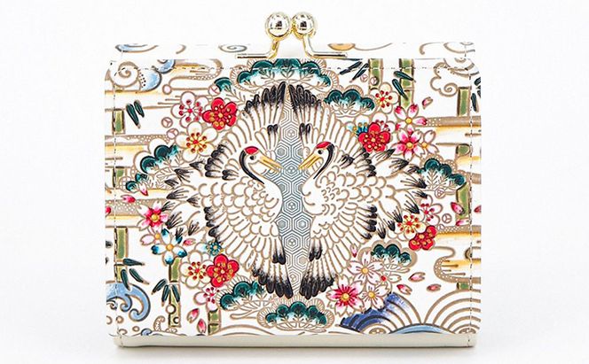 【文庫屋大関】三つ折りミニ財布　むかい鶴【皮革工芸品】 ファッション 小物 民芸品 お札 カード 小銭 手のひらサイズ コンパクト 亀甲文様 牛革 手作り 国産 