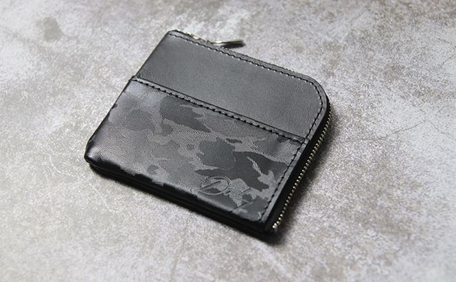 型押しカモフラレザーのL字ミニウォレット ファッション 小物 財布 迷彩 コインケース L字型 小銭 お札 カード 手作り 日本製 皮 