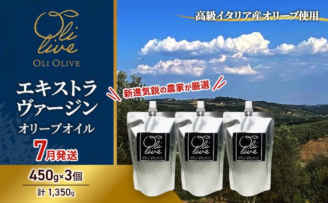 高級イタリア産 エキストラ・ヴァージン・オリーブオイル 450g×3個【2026年7月中旬より順次発送】調味料 油 オリーブ油 食用油 静岡県 袋井市