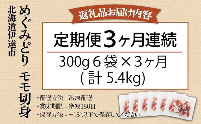 北海道産 定期便 3ヵ月 連続 3回 めぐみどり モモ 切身 300g 6袋 × 3ヶ月 計5.4kg 鶏もも 鶏モモ もも 鶏肉 チキン 銘柄鶏 肉 冷凍 小分け 便利 時短 唐揚 焼鳥 鍋 ソテー プライフーズ 送料無料 伊達