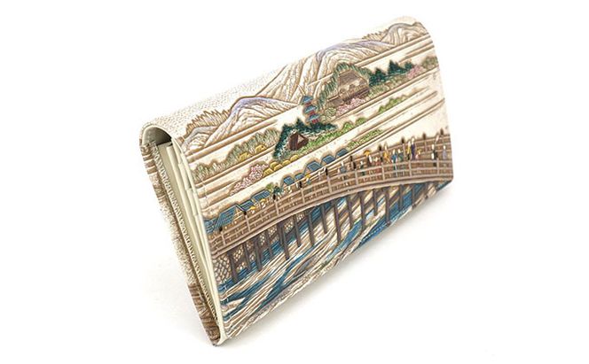 【文庫屋大関】スッキリ大人の財布　束入れ　浮世絵　三条大橋【皮革工芸品】 ファッション小物 手作業 手塗 
