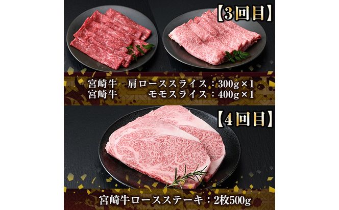 【定期便・全6回(連続)】宮崎牛定期便＜Aセット＞お楽しみ便 牛肉 国産 定期 ヒレ肉 モモ ウデ ロース バラ スライス 宮崎県産 黒毛和牛 小間切れ 焼肉 ステーキ しゃぶしゃぶ すき焼き【R-67】【株式会社ミヤチク】