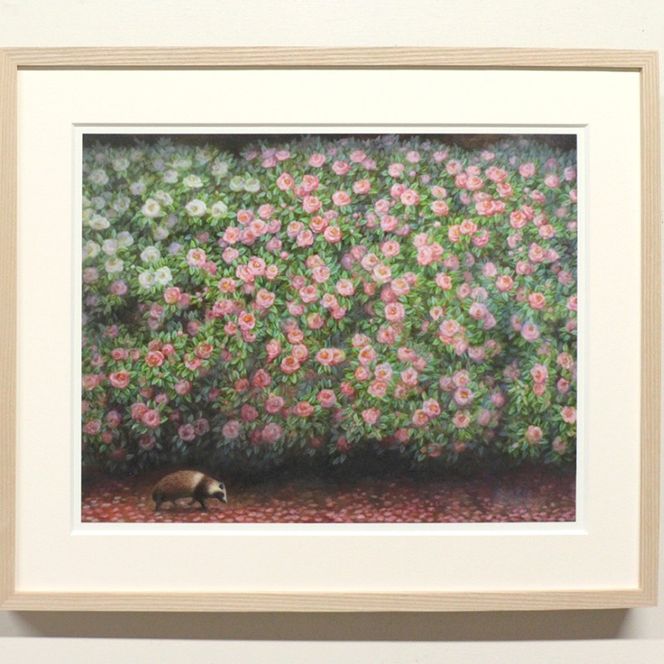 池上夏生 額付き高級プリント ”たぬきと山茶花”