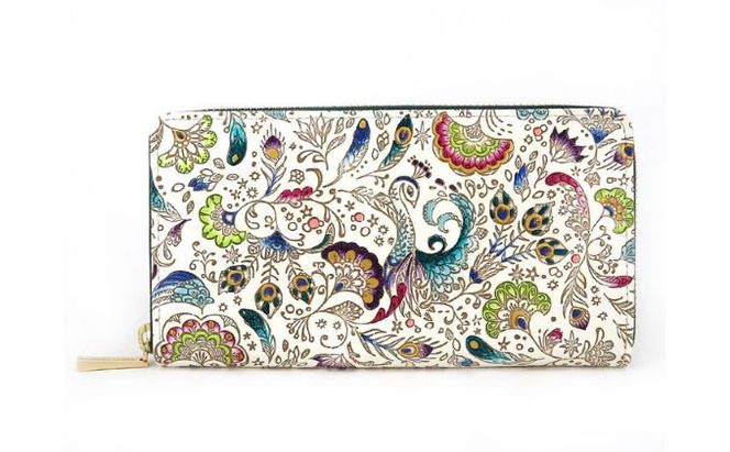 【文庫屋大関】 大容量　ぐるっとファスナーの長財布　孔雀【皮革工芸品】 ファッション小物 民芸品 