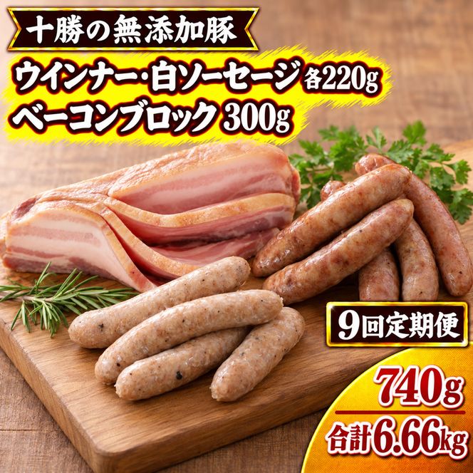 9ヵ月定期便 十勝の無添加豚 ウインナー・白ソーセージ20本前後とベーコンブロック 300g ［うらがみミート］ 無塩せき 保存料・結着剤不使用【 ベーコン ウインナー 詰め合わせ 肉 豚 国産 惣菜 おつまみ 料理 加工品 北海道 十勝 幕別 】