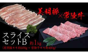 美明豚 × 常陸牛 スライスセットB 約1kg（美明豚もも 600g +常陸牛もも 400g ）（茨城県共通返礼品：行方市） びめいとん ビメイトン ブランド豚 銘柄豚 豚 豚肉 肉 もも 黒毛和牛 牛肉 ひたち牛 ブランド牛 和牛 [EQ016us]