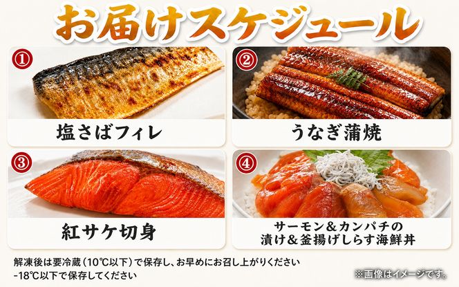 【全4回】家族みんなで楽しめる＼たっぷり容量ならコレ／絶品おかず定期便（さば・鰻・サケ・海鮮丼）【tkb305】