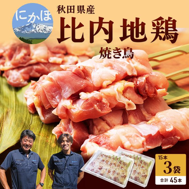 秋田県産比内地鶏肉の焼き鳥45本セット(15本×3袋)（やきとり 焼鳥 人気 冷凍 もも肉 むね肉） お肉 詰め合わせ 