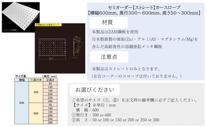 セミオーダー【ストレート】「カースロープ」【横幅600mm、奥行300～600mm、高さ50～300mm】