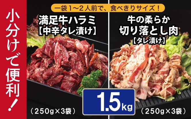 G3369 【タレ漬け牛肉2種セット】 満足牛ハラミ・牛肉切り落とし 合計1.5kg【味付け ハラミ 小分け 焼くだけ 簡単調理 BBQ 牛肉 250g×各3P】