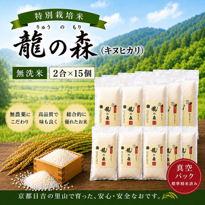 特別栽培米 「 龍の森 」( キヌヒカリ )　300g×15パック お米 きぬひかり 無洗米 真空パックでお届け 米 コメ 精米 無洗米 白米 ごはん 白飯 京都府 南丹市