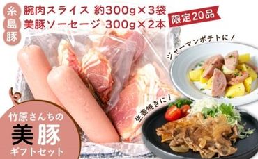 [限定20品!]竹原さんちの美豚ギフトセットA(ソーセージ300g×2本+腕スライス約300g×3袋) 糸島市 / 竹原さんちの美豚 