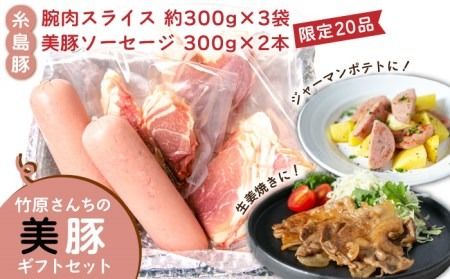 【限定20品！】竹原さんちの美豚ギフトセットA（ソーセージ300g×2本＋腕スライス約300g×3袋） 糸島市 / 竹原さんちの美豚 [AHK001]