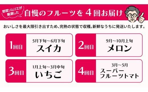 【 野菜ソムリエ 厳選 】 旬 の フルーツ 定期便 ( こだまスイカ スタート ) 4回 先行予約 果物 いちご イチゴ 苺 とちおとめ やよいひめ かおり野 すいか ピノガール トマト フルーツトマト メロン アールスメロン 新鮮 おすすめ ソムリエ 野菜 [AF101ci]