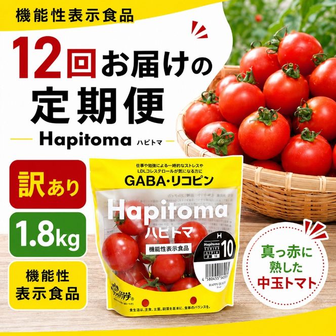 【12ヶ月定期便】機能性表示食品 Hapitoma ハピトマ 訳あり（1.8kg）【配送不可：北海道・沖縄・離島】健康 ヘルシー 人気 厳選  野菜 緑黄色野菜 産地直送 ダブル成分 GABA リコピン トマト 国産 静岡県産 袋井市産 食材 