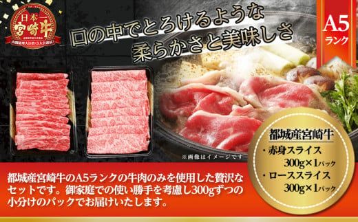 宮崎牛(A5)スライス食べ比べ600g_23-0102_(都城市) すき焼き しゃぶしゃぶ 赤身スライス ローススライス A5 ギフト 贈答用 肉 A5 宮崎牛 冷凍