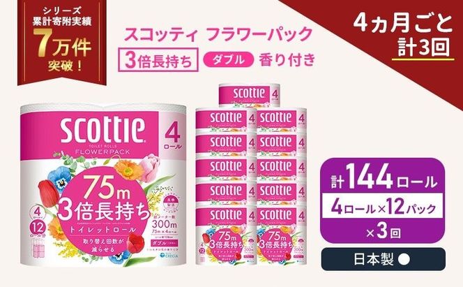 定期便 トイレットペーパー ダブル スコッティ 3倍長持ち 4ロール入 × 12パック フラワーパック 香り付き 《 4ヶ月ごと 計  3回 》