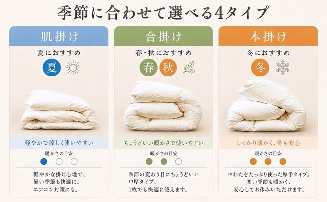 AA081_224 抗ウイルス・抗菌加工 羽毛布団 選べる4タイプ 2サイズ 肌掛け 合掛け 本掛け 2枚合わせ シングル ダブル ホワイトダウン85％ 350dp フルテクト サンモト 山梨県 都留市