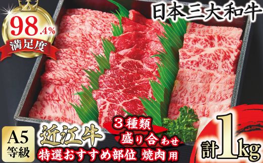 A5等級　未経産雌　特選近江牛おすすめ部位　焼肉3種盛り合わせ合計1kg【FO07W】	
