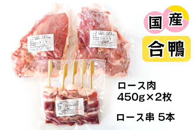 合鴨肉 セットB (ロース肉450g×2枚、ロース串×5本)｜国産合鴨 あいがも あい鴨 ダック アイガモ肉 合鴨ロース 低カロリー高たんぱく [0389]