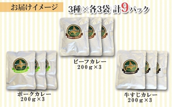 【CF】北海道 倶知安 カレー 3種 食べ比べ セット 計9個 中辛 ビーフ ポーク 牛すじ カレー 詰め合わせ じゃがいも 牛 牛肉 豚肉 肉 業務用 レトルトカレー お取り寄せ 倶知安町【レトルトカレー・カレー】 お肉 