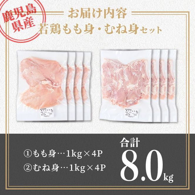 isa720 鹿児島県産若鶏もも身・むね身セット(合計8kg・各1kg×4P) 鹿児島県産 国産 鶏肉 鳥肉 とり肉 もも肉 むね肉 モモ ムネ カット済 唐揚げ チキン南蛮 サラダチキン 棒棒鶏 たんぱく質 タンパク質 皮なし 冷凍 小分け 【TRINITY】