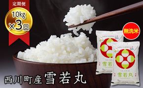 FYN6-272 【定期便3回】令和7年度 山形県 西川町産 無洗米 雪若丸 10kg(5㎏×2)×3回 合計30kg 精米 白米 米 こめ ライス ごはん ご飯 ブランド米 銘柄米 家庭用 自宅用 贈答用 お取り寄せ 定期便 定期 毎月 食品 時短 節水 2025年 西川町 月山