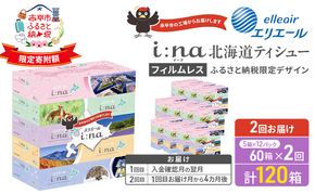 【2回お届け 計120箱】エリエール i:na (イーナ) 北海道 ティシュー 150組5箱 12パック フィルムレス ふるさと納税限定デザイン イーナ ボックスティシュー 箱ティッシュ ペーパー 備蓄品 花粉 赤平市
