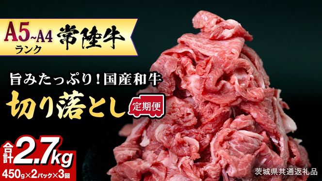 【定期便】 全3回 【 常陸牛 】 切り落とし 900g（450g×2） (茨城県共通返礼品) 国産 切落し 焼肉 焼き肉 お肉 A4ランク A5ランク ブランド牛 小分け [BX87-NT] 